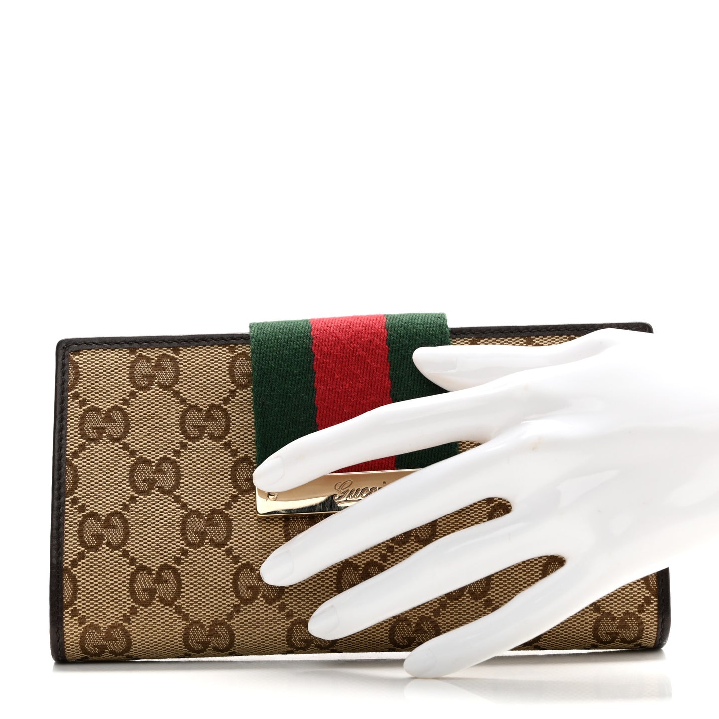 Monogram Calfskin Ladies Web Continental Wallet Beige Ebony Cocoa