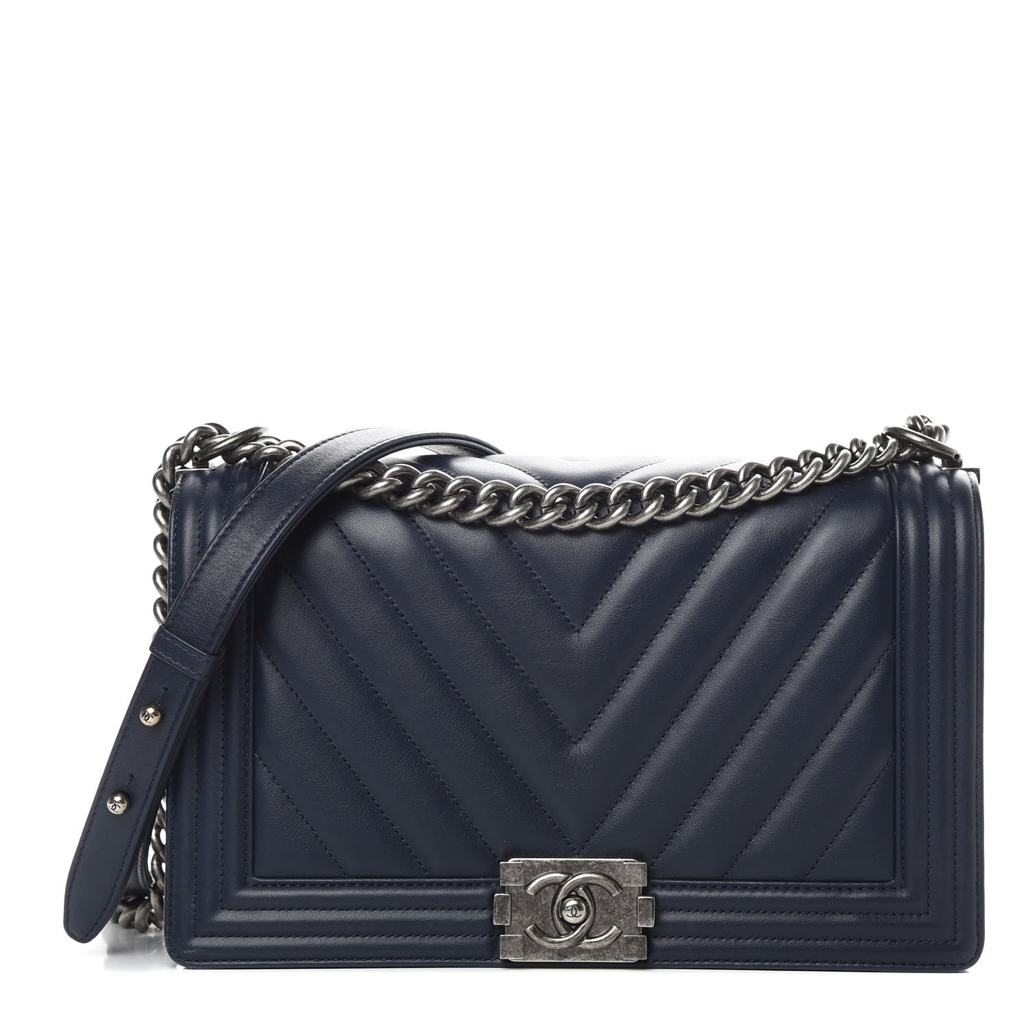 Chanel Calfskin Chevron Quilted New Medium Boy Flap Dark Navy Blue 1 of 14