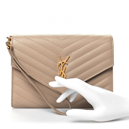 Saint Laurent Grain De Poudre Matelasse Chevron Monogram Envelope Clutch Dark Beige 2 of 11