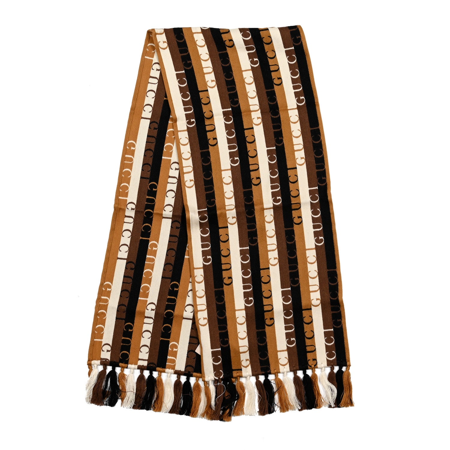 Gucci Wool Cotton Logo Wood Stripes Scarf Light Brown Dark Brown 3 of 5
