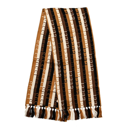 Gucci Wool Cotton Logo Wood Stripes Scarf Light Brown Dark Brown 3 of 5