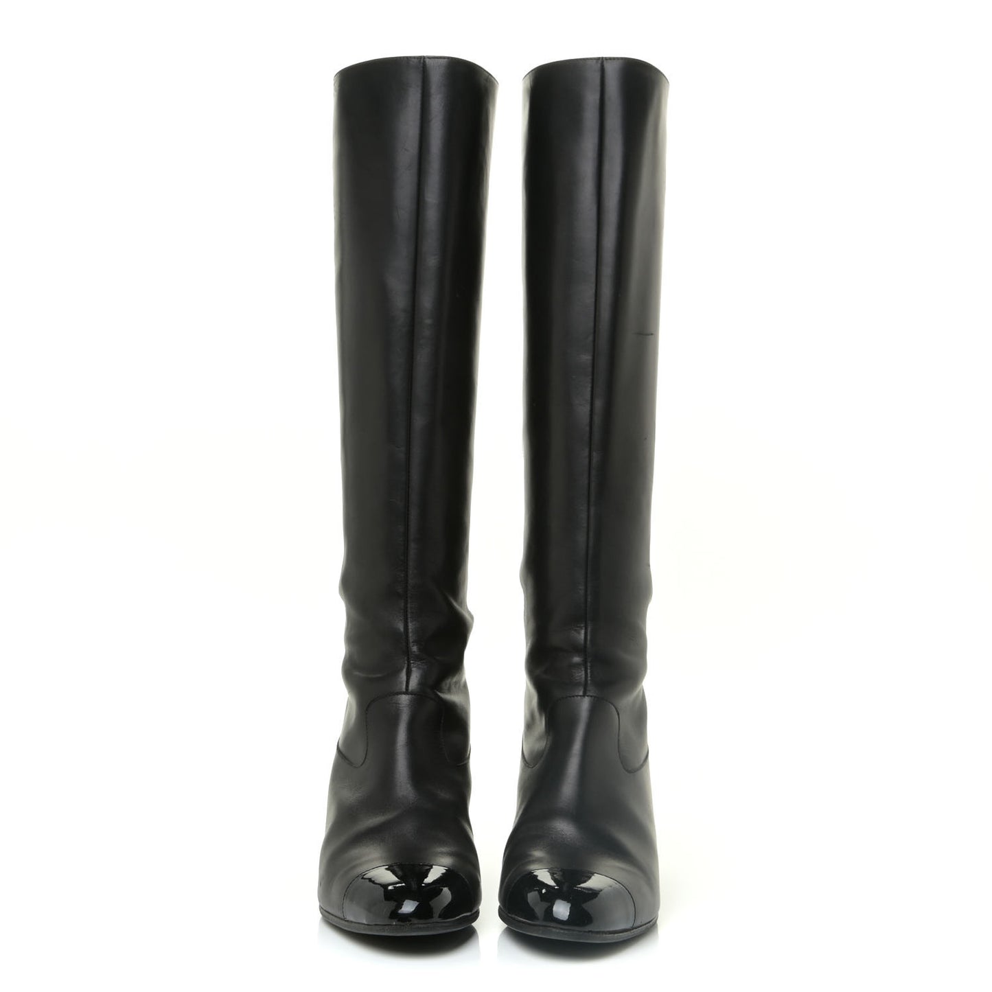 Lambskin Patent Cut Out Buckle Cap Toe Knee High Boots 39 Black