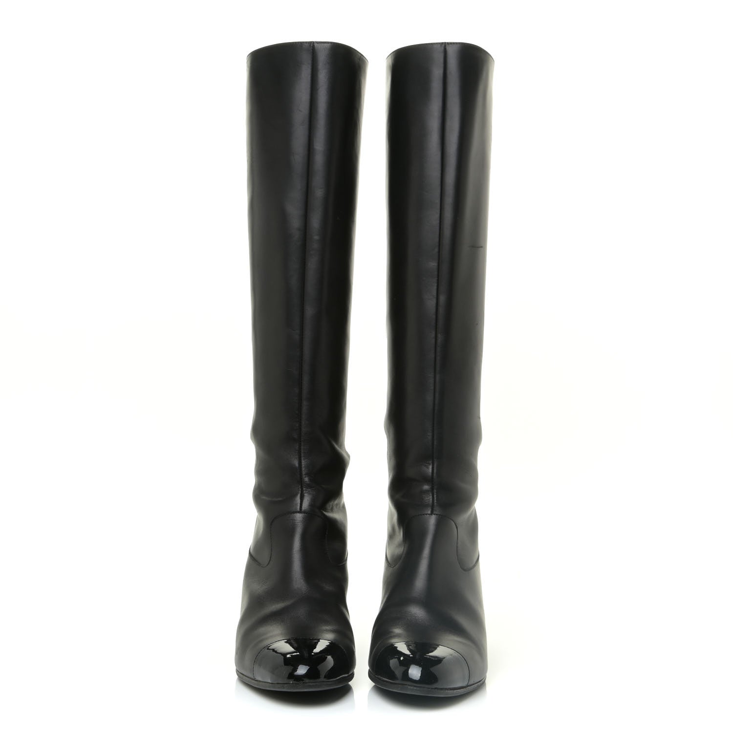 Chanel Lambskin Patent Cut Out Buckle Cap Toe Knee High Boots 39 Black 2 of 11