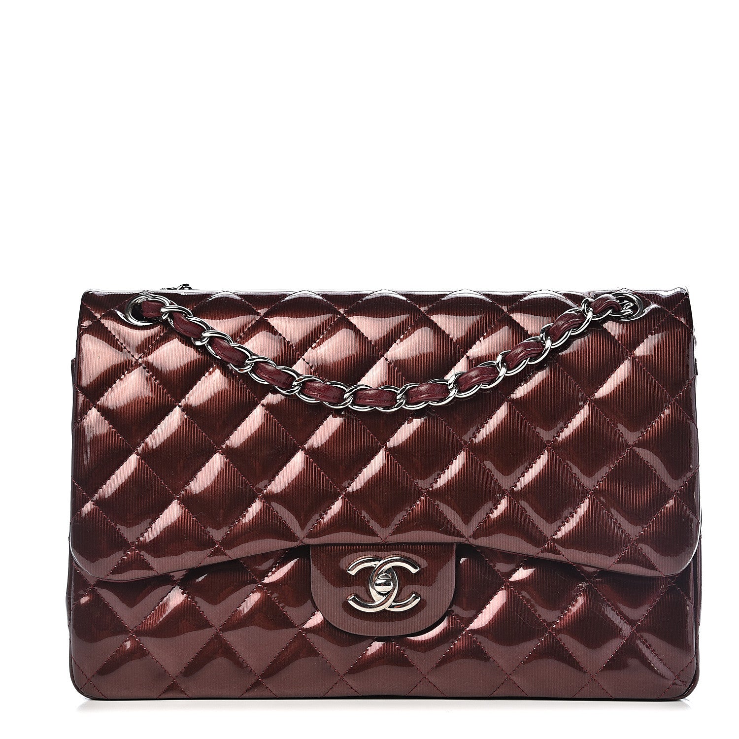 Chanel Striated Patent Quilted Jumbo Double Flap Burgundy 1 of 17