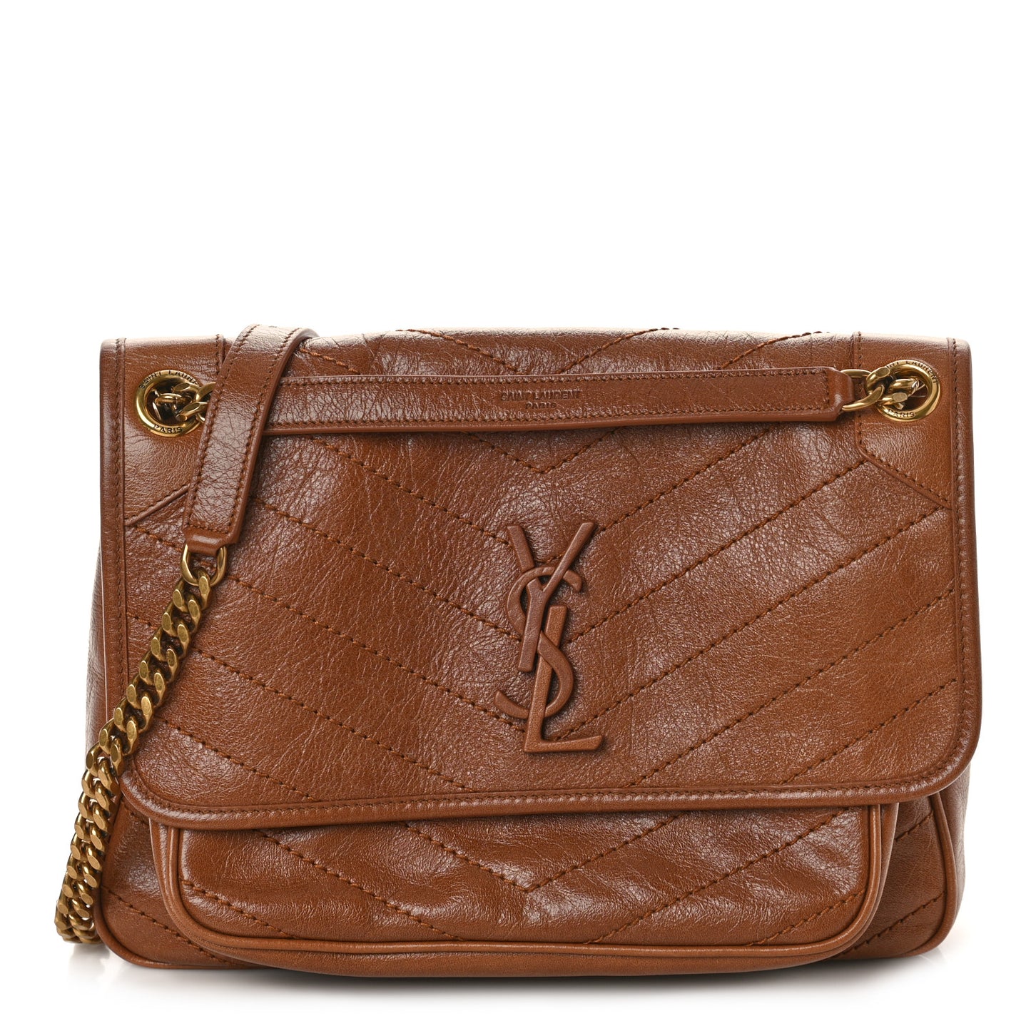 Crinkled Calfskin Matelasse Monogram Medium Niki Chain Satchel Caramel
