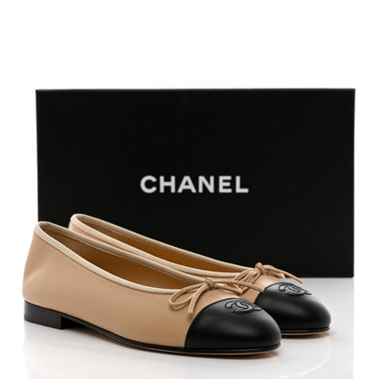Chanel Lambskin Cap Toe CC Ballerina Flats 37.5 Beige Black 9 of 9