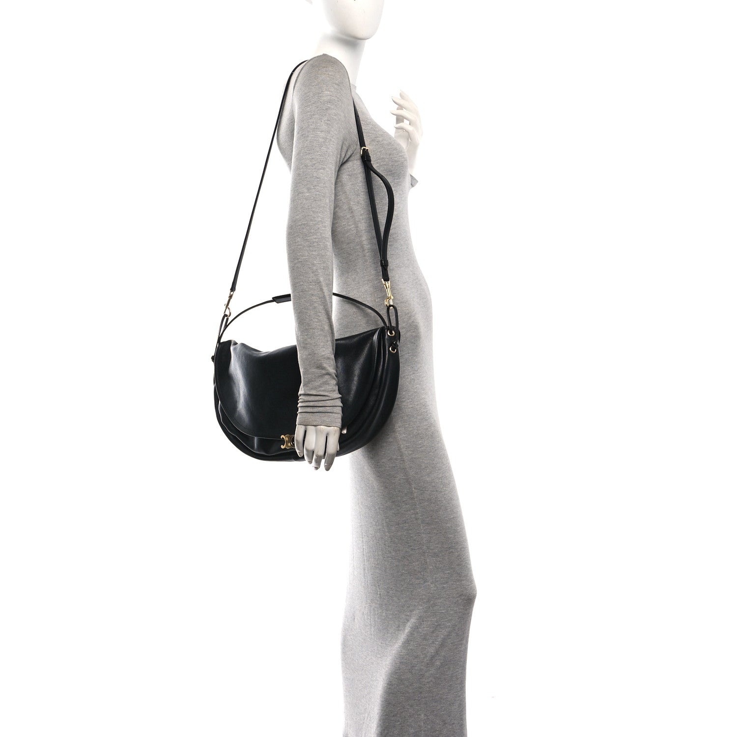 Celine Shiny Lambskin Soft Triomphe Half Moon Bag Black 2 of 9