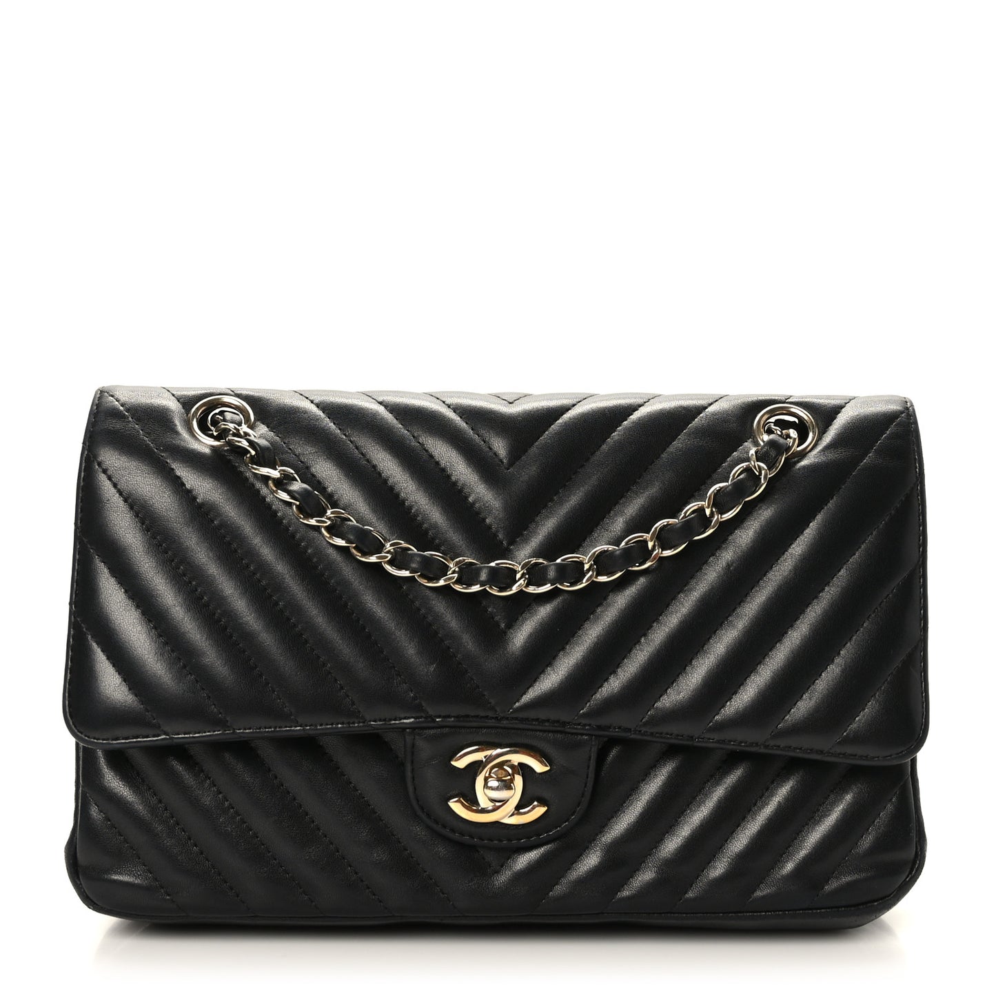 Lambskin Chevron Quilted Medium Double Flap Black