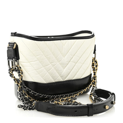 Chanel Aged Calfskin Chevron Quilted Small Gabrielle Hobo Black White 3 of 10