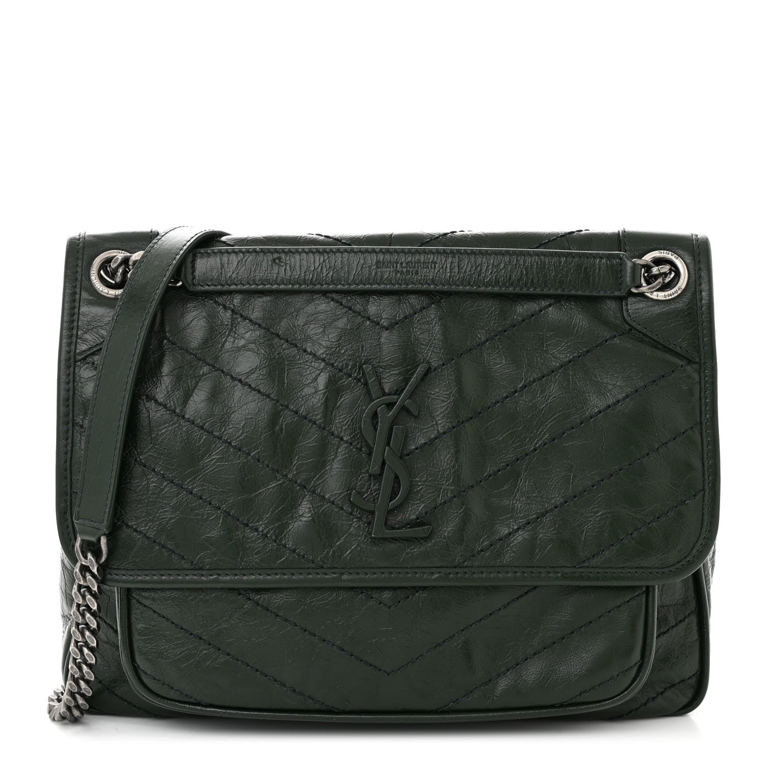 Saint Laurent Crinkled Calfskin Matelasse Monogram Medium Niki Chain Satchel Military Olive 1 of 10