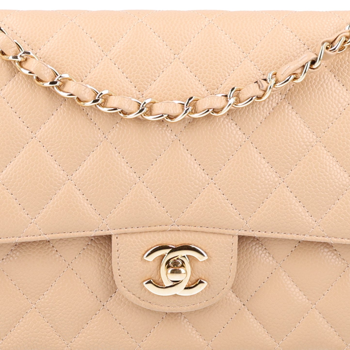 Caviar Quilted Medium Double Flap Beige