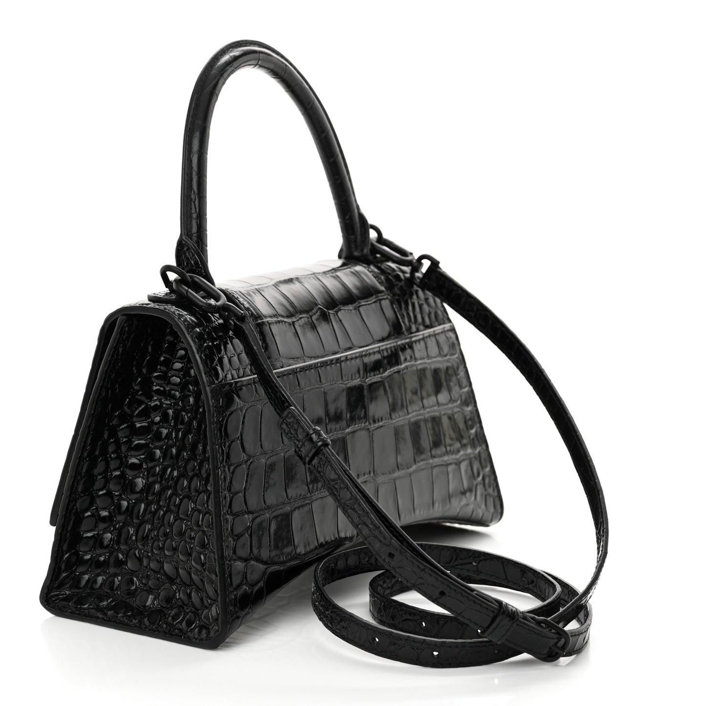 Shiny Calfskin Monochrome Crocodile Embossed Small Hourglass Top Handle Bag Black