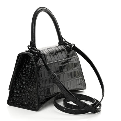 Balenciaga Shiny Calfskin Monochrome Crocodile Embossed Small Hourglass Top Handle Bag Black 3 of 12