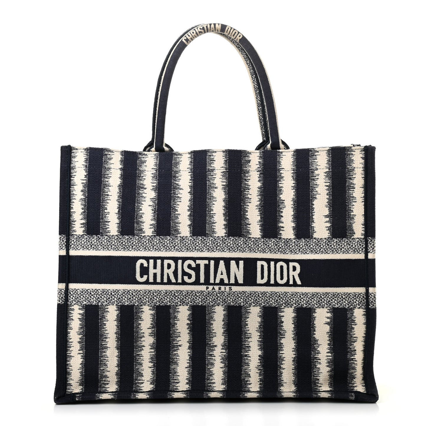 Canvas Embroidered Large Striped Book Tote Navy