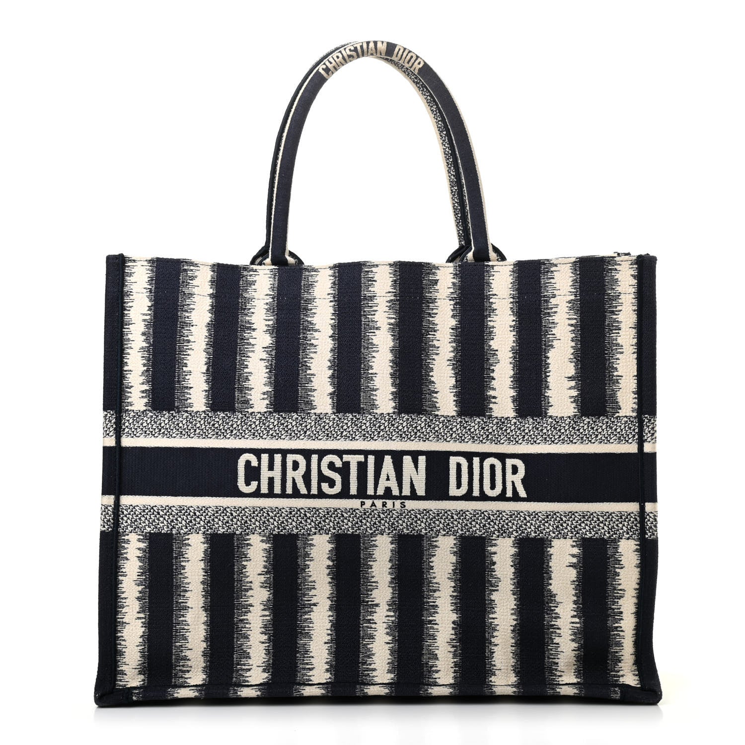 Christian Dior Canvas Embroidered Large Striped Book Tote Navy 1 of 11