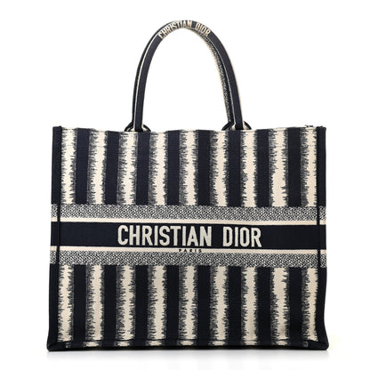 Christian Dior Canvas Embroidered Large Striped Book Tote Navy 1 of 11