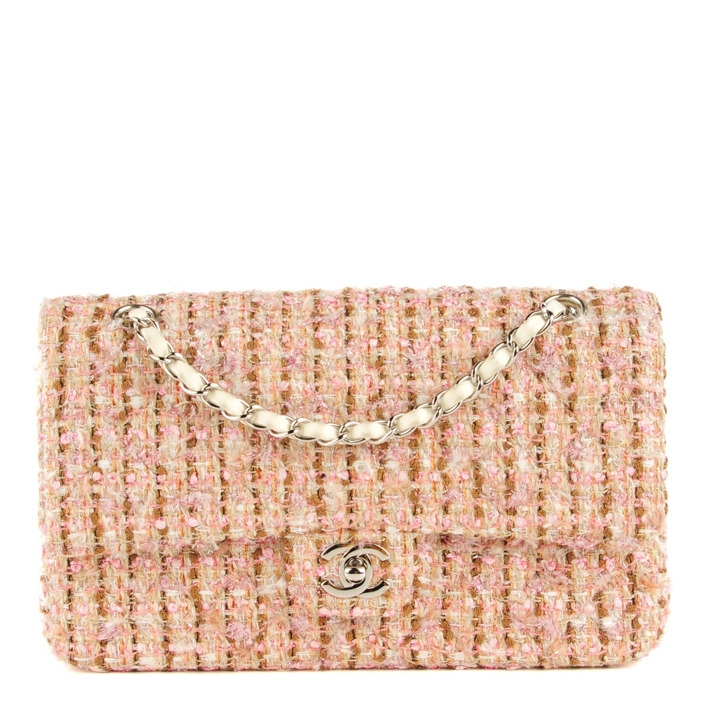 Tweed Quilted Medium Double Flap Pink Gold