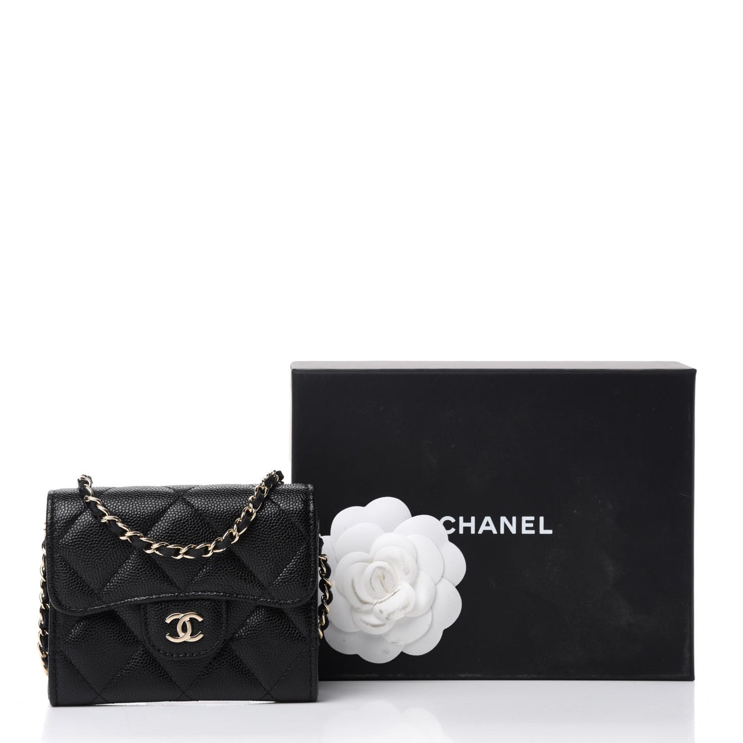 Caviar Quilted Flap Card Holder On Chain Black