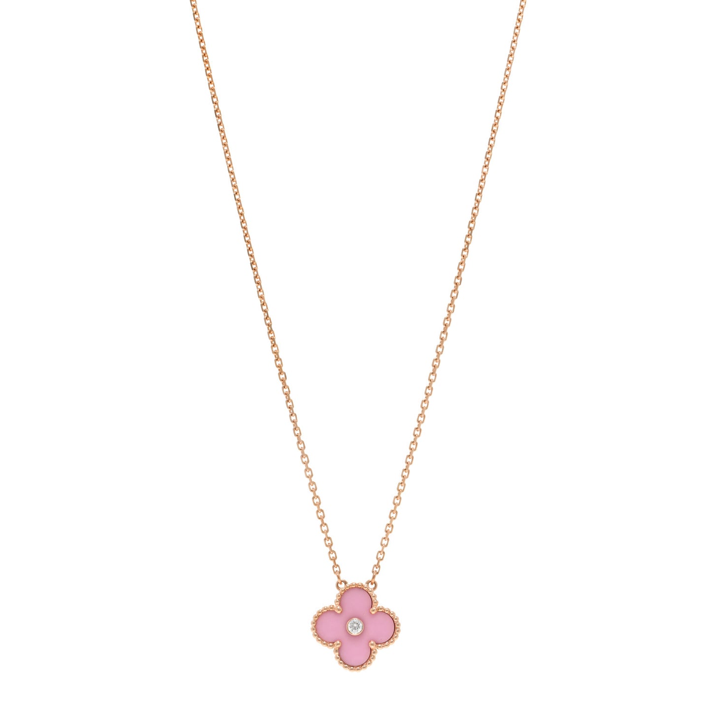 VAN CLEEF & ARPELS 18K Rose Gold Diamond Pink Porcelain Vintage Alhambra Pendant Necklace