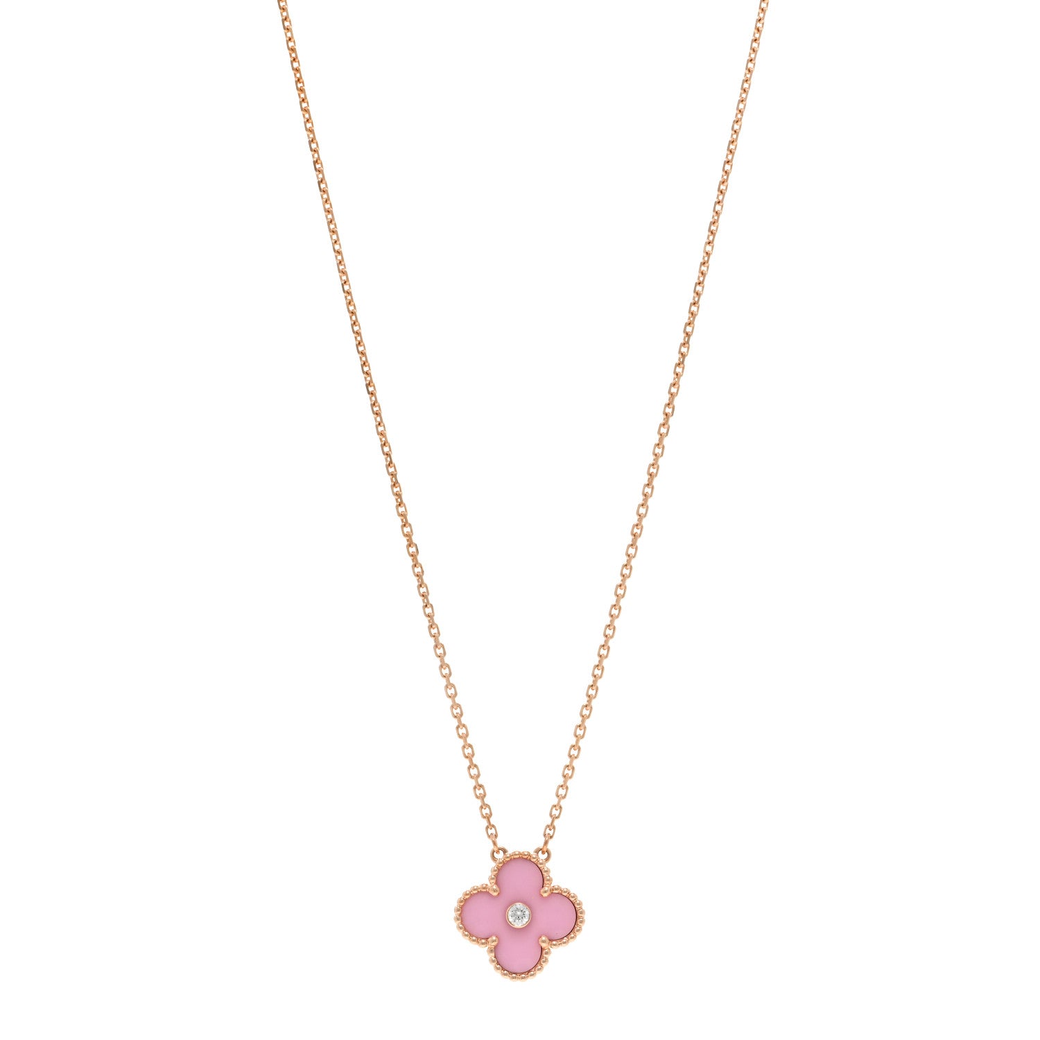 Van Cleef & Arpels VAN CLEEF & ARPELS 18K Rose Gold Diamond Pink Porcelain Vintage Alhambra Pendant Necklace 1 of 6