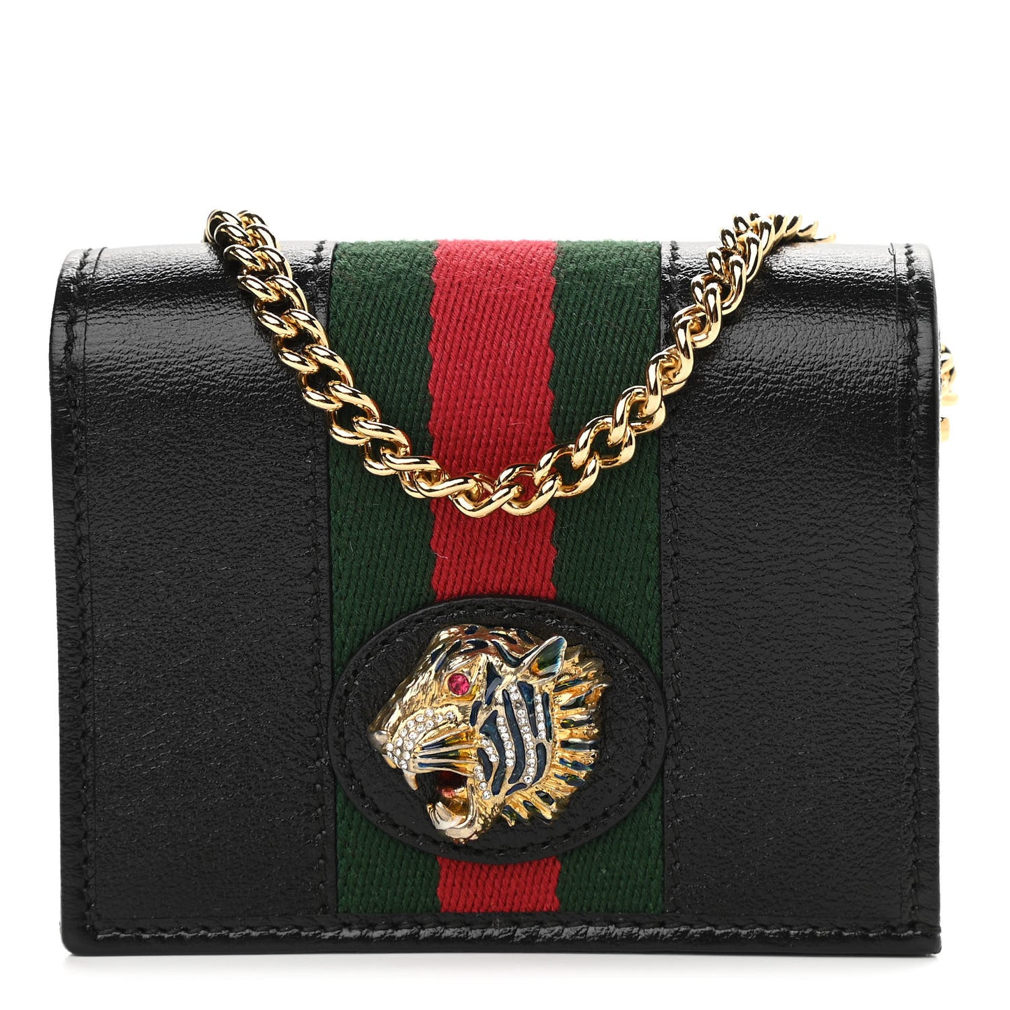 Calfskin Web Rajah Chain Card Case Wallet Black