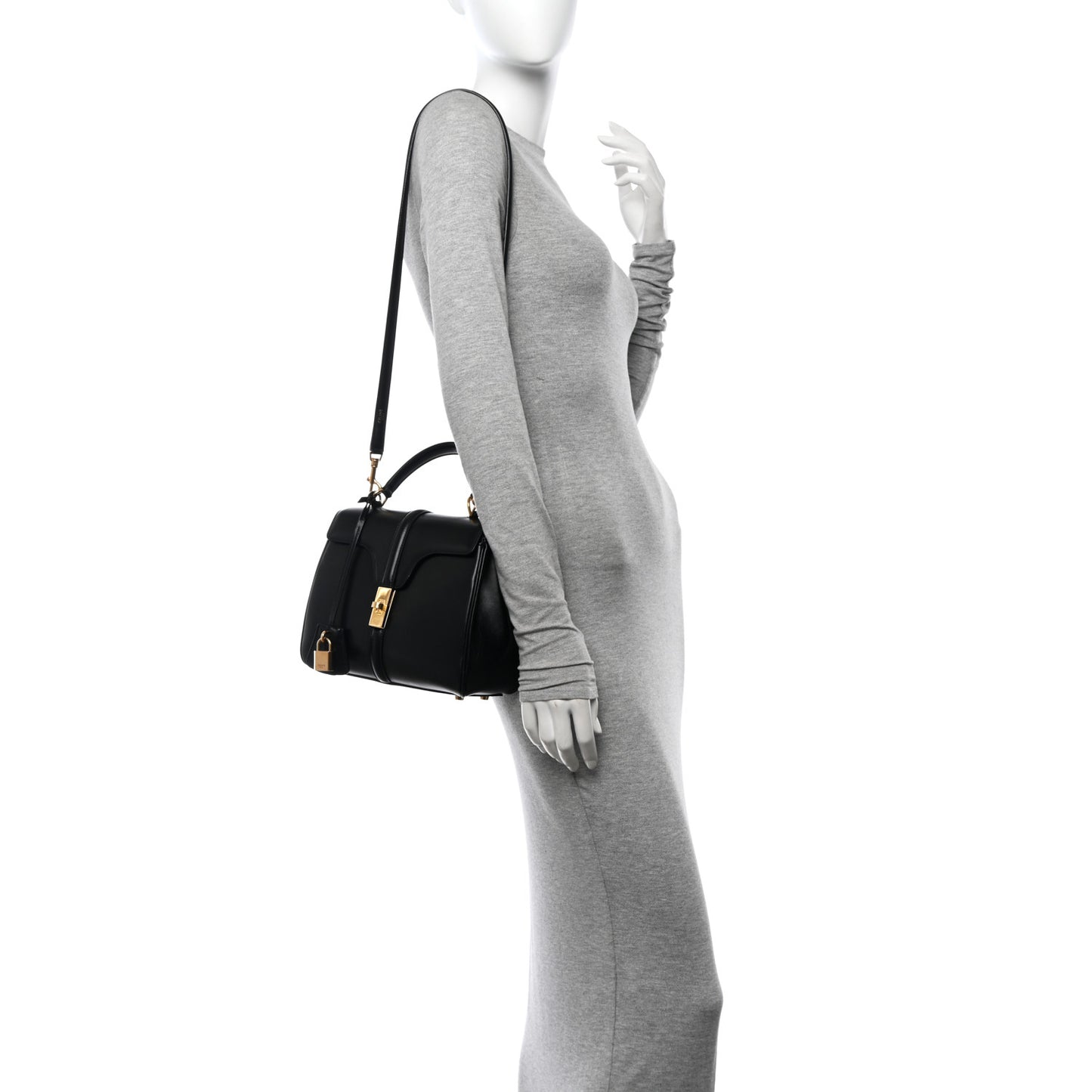 Satinated Calfskin Small 16 Top Handle Bag Black