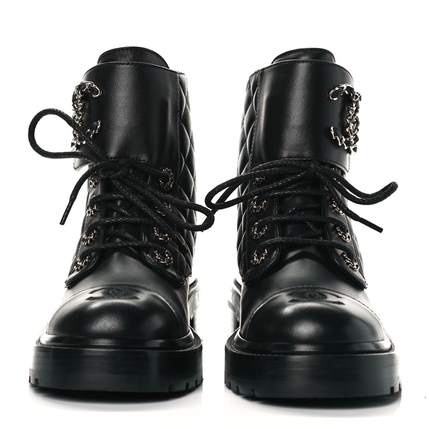 Shiny Lambskin Quilted Lace Up Combat Boots 36 Black