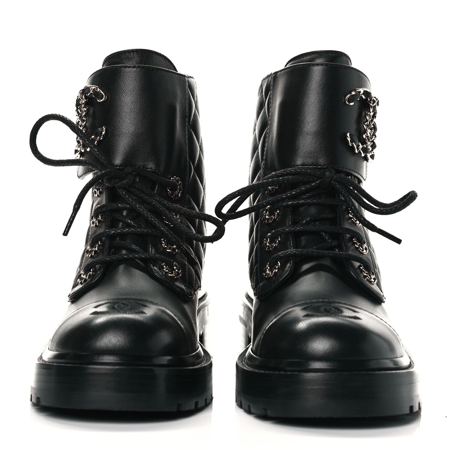 Chanel Shiny Lambskin Quilted Lace Up Combat Boots 36 Black 2 of 7