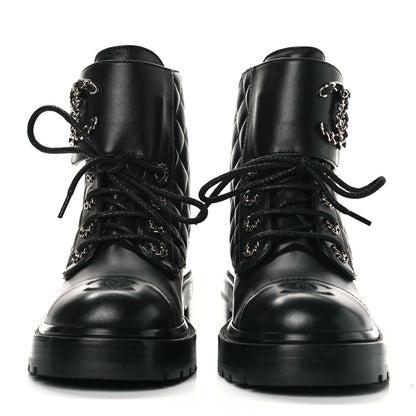 Chanel Shiny Lambskin Quilted Lace Up Combat Boots 36 Black 2 of 7