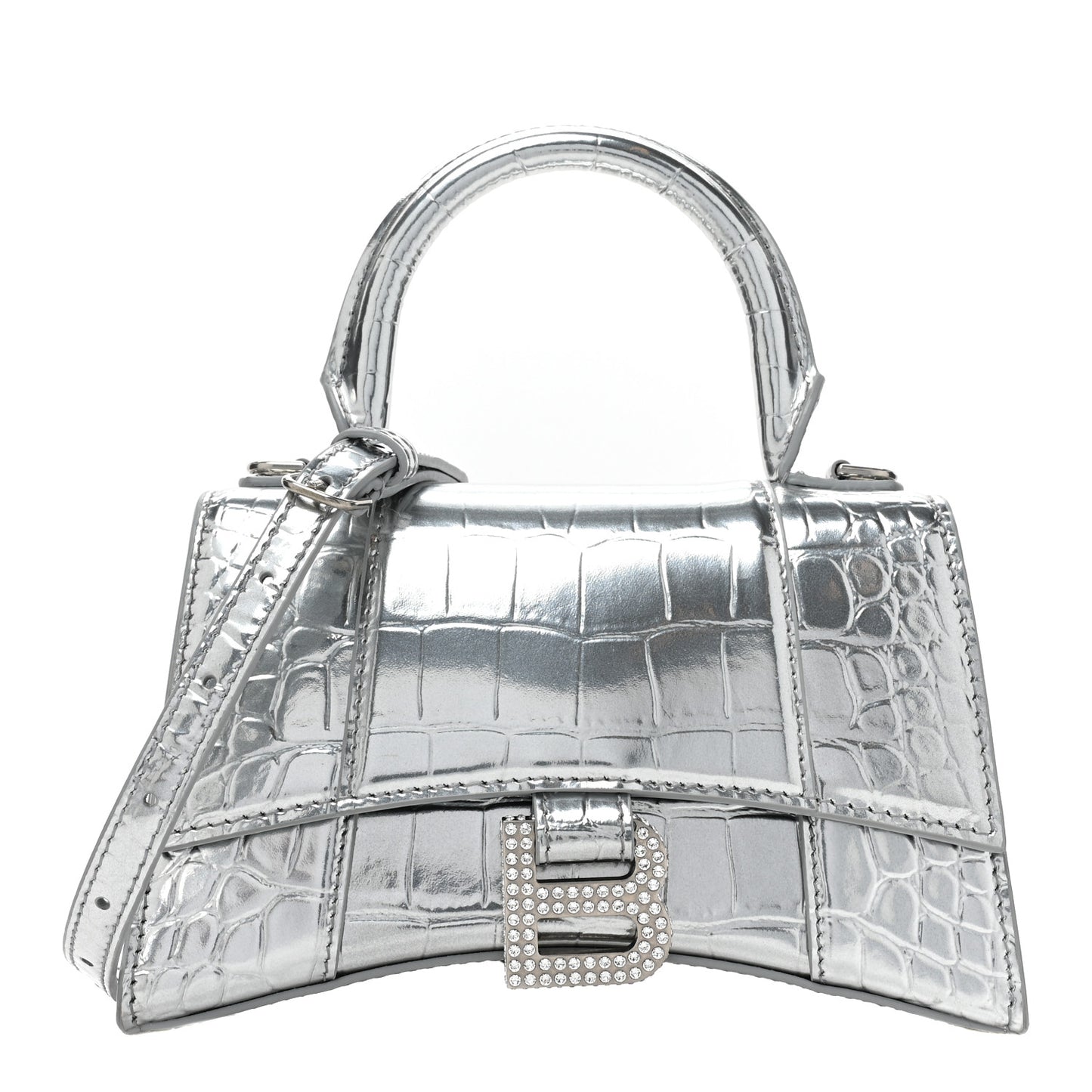 Metallic Calfskin Crocodile Embossed Crystal Hourglass Top Handle Bag XS Silver