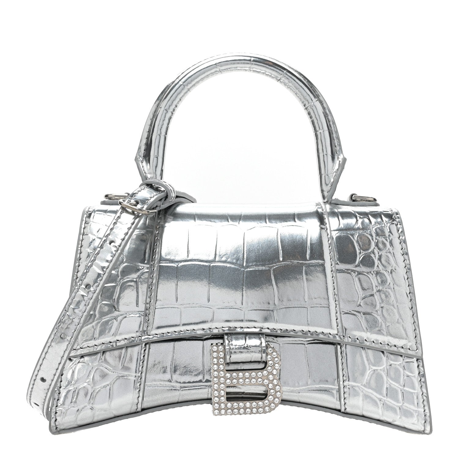 Balenciaga Metallic Calfskin Crocodile Embossed Crystal Hourglass Top Handle Bag XS Silver 1 of 16