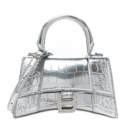 Balenciaga Metallic Calfskin Crocodile Embossed Crystal Hourglass Top Handle Bag XS Silver 1 of 16