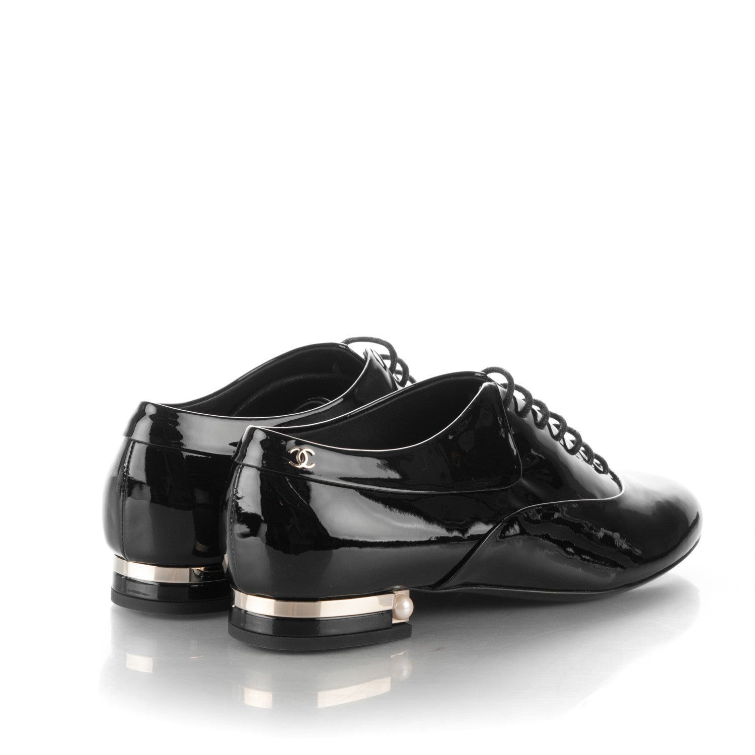 Chanel Calfskin Patent CC Lace Up Oxfords 37 Black 4 of 7