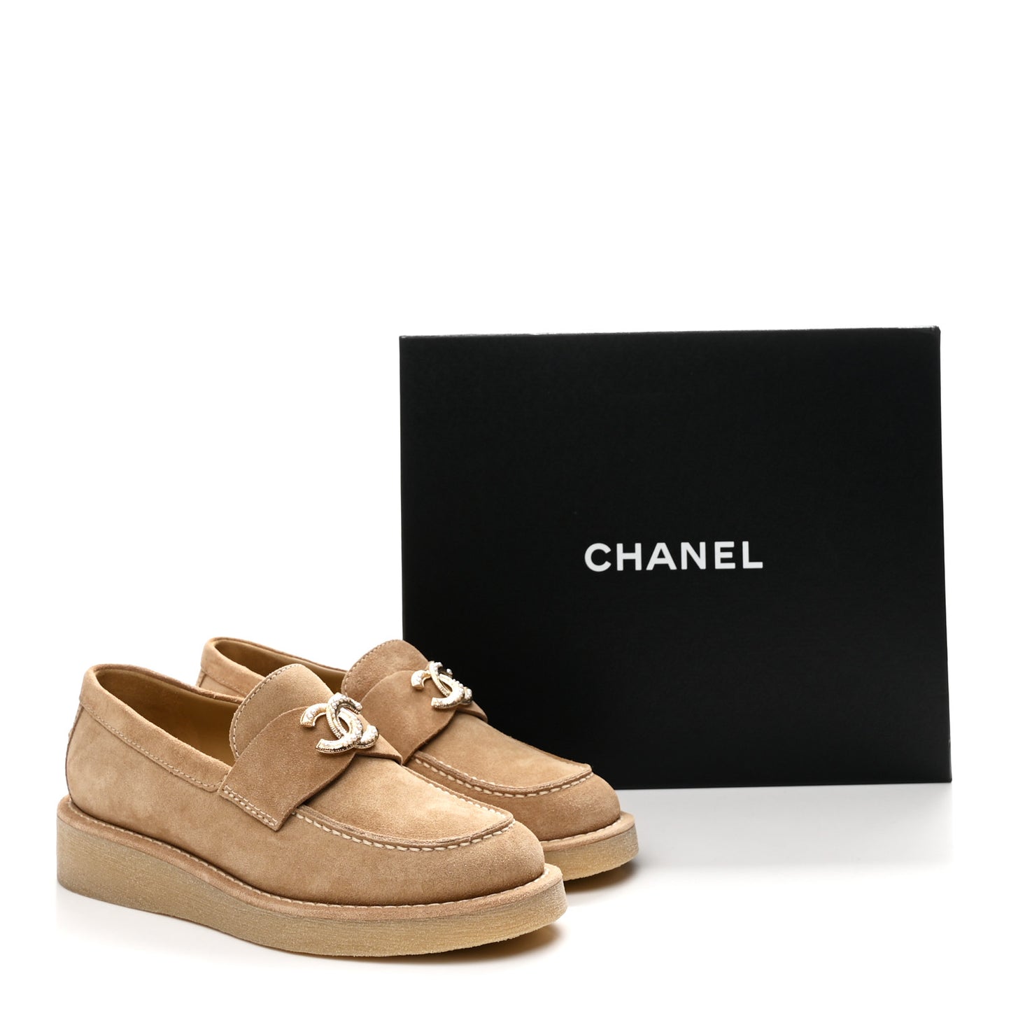 Suede Calfskin Pearl CC Moccasin Loafers 37 Dark Beige
