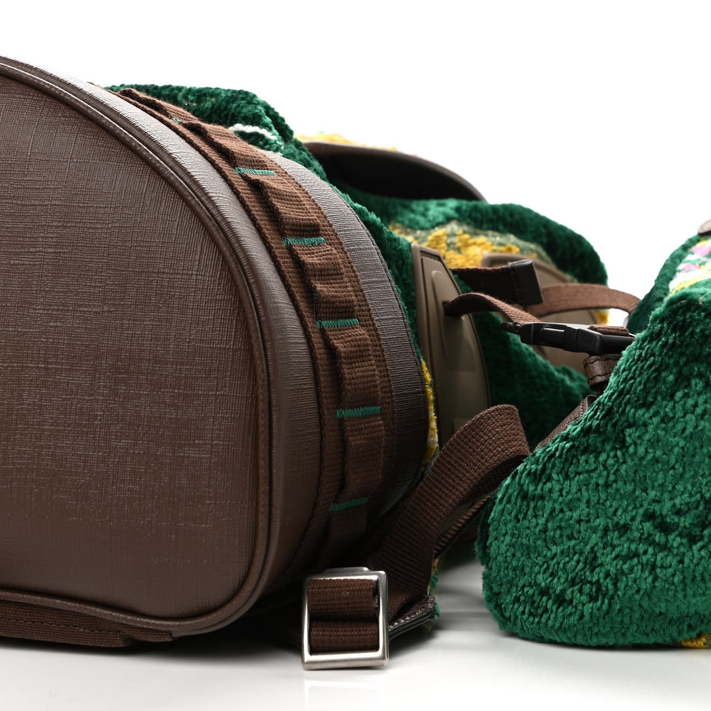 Velvet Jacquard Tapestry Script Logo Large Double Pocket Backpack Green Multicolor