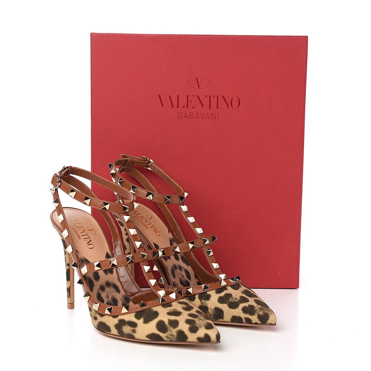 Valentino Garavani Canvas Leopard Print Rockstud Ankle Strap Pumps 39.5 Tan 9 of 9