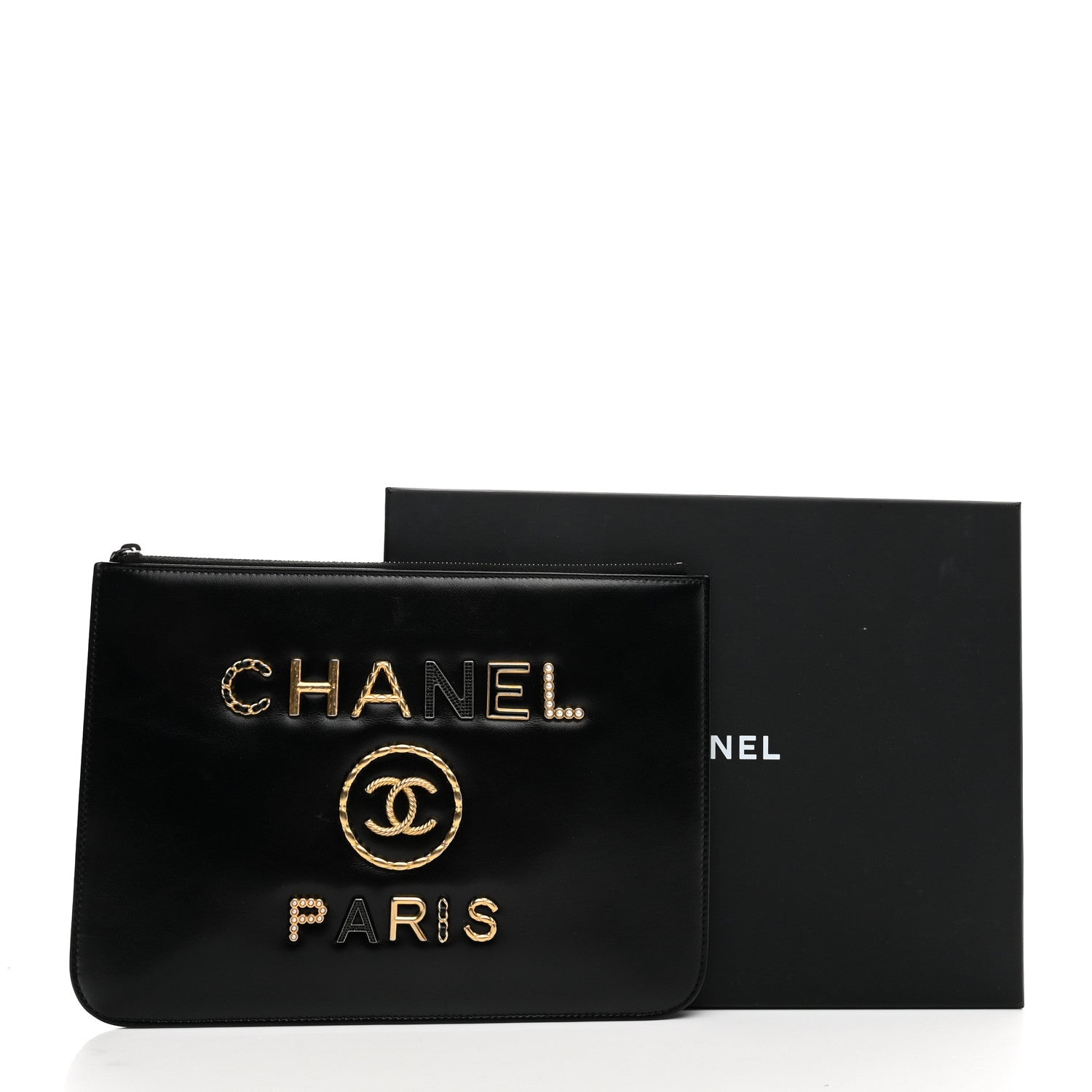 Chanel Shiny Calfskin Crystal Pearl Logo Cosmetic Case Black 10 of 10