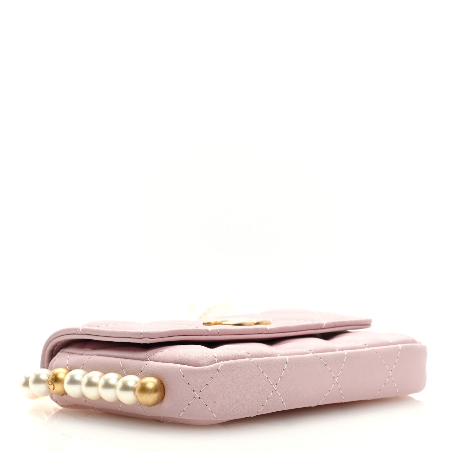 Calfskin Quilted About Pearls Card Holder Flap With Chain Light Pink