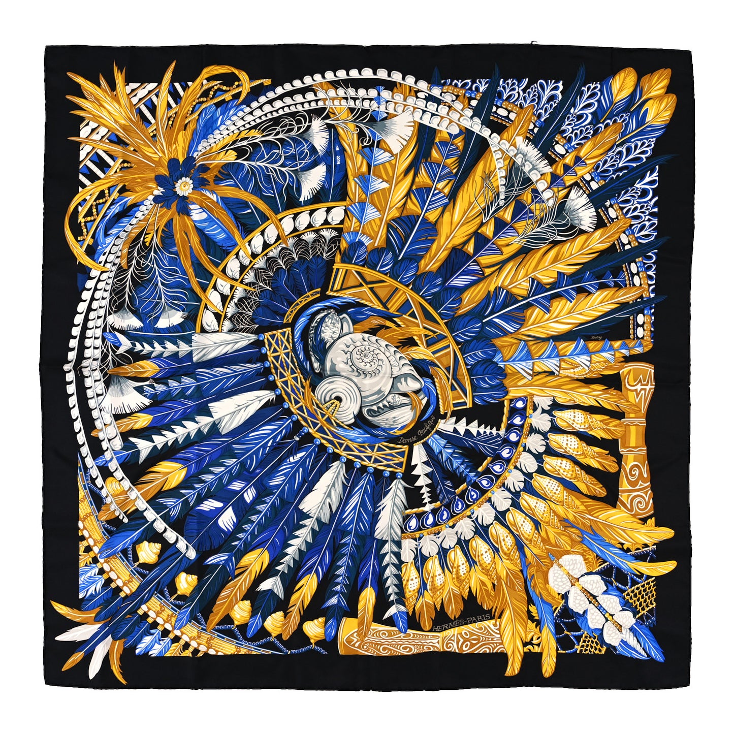 Silk Danse pacifique Scarf 90 Black Bleu Nuit Gold