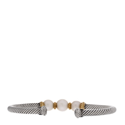 David Yurman Sterling Silver 18K Yellow Gold Graduated Pearl 4mm Cable Classics Cuff Bracelet 2 of 3
