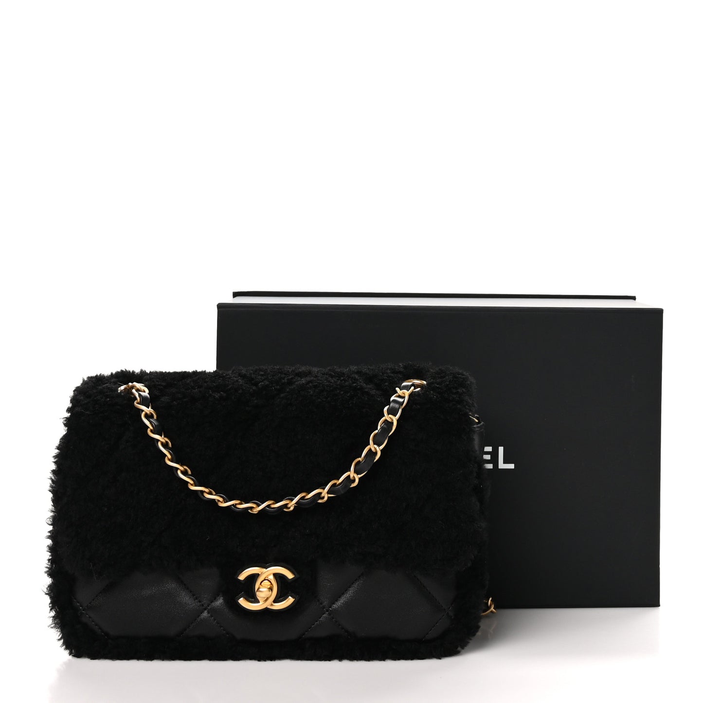 Shearling Lambskin Quilted Furry Coco Flap Black