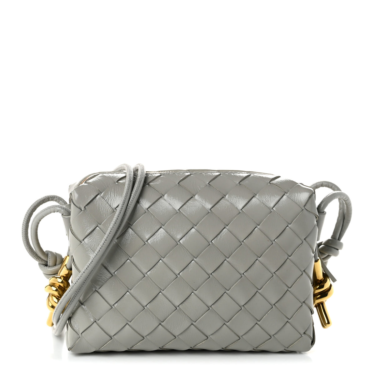 Polished Nappa Intrecciato Metallic Knot Mini Loop Camera Bag Sterling