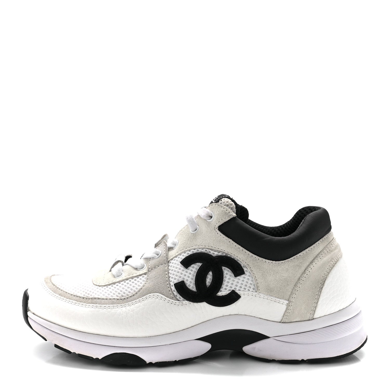Chanel Mesh Suede Calfskin Grained Calfskin Womens CC Sneakers 38.5 White Black 1 of 8
