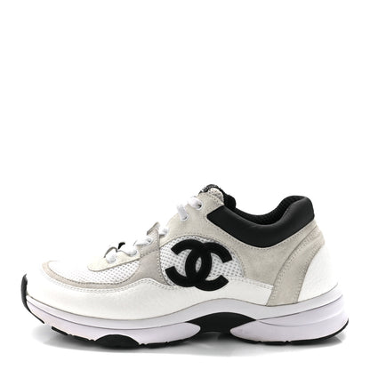 Chanel Mesh Suede Calfskin Grained Calfskin Womens CC Sneakers 38.5 White Black 1 of 8