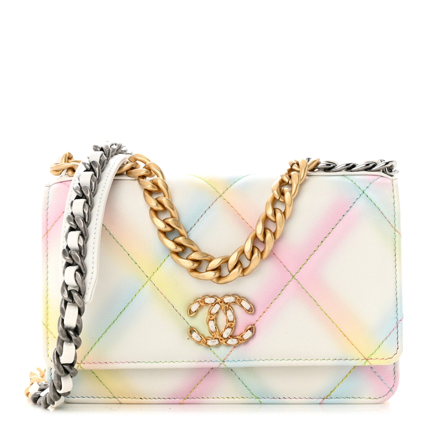 Printed Goatskin Quilted Chanel 19 Wallet On Chain WOC White Multicolor