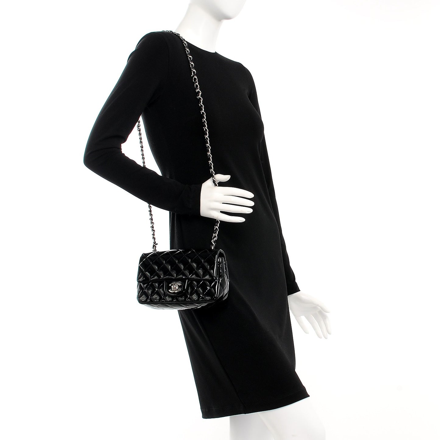 Patent Calfskin Quilted Mini Rectangular Flap Black
