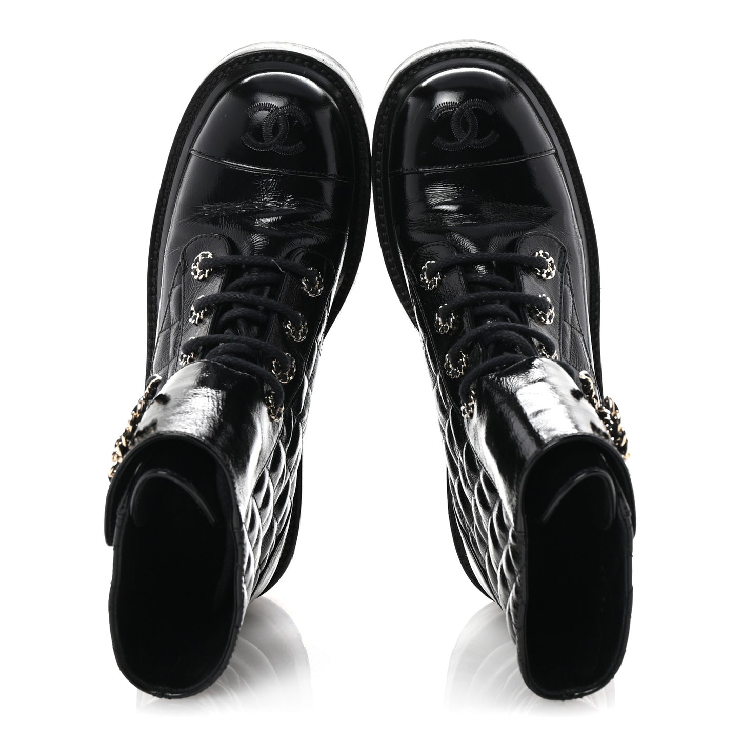 Shiny Calfskin Quilted Lace Up Combat Boots 37 Black