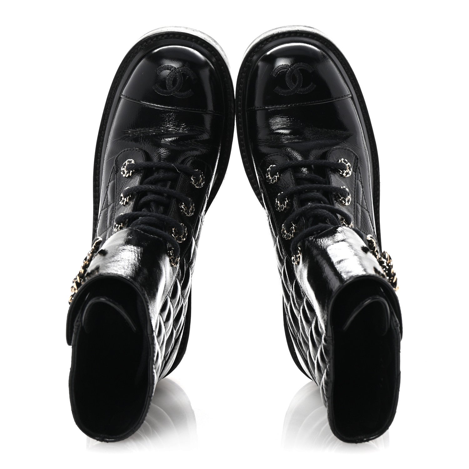 Chanel Shiny Calfskin Quilted Lace Up Combat Boots 37 Black 2 of 9
