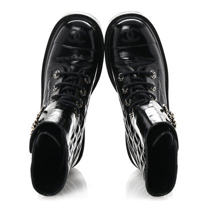 Chanel Shiny Calfskin Quilted Lace Up Combat Boots 37 Black 2 of 9