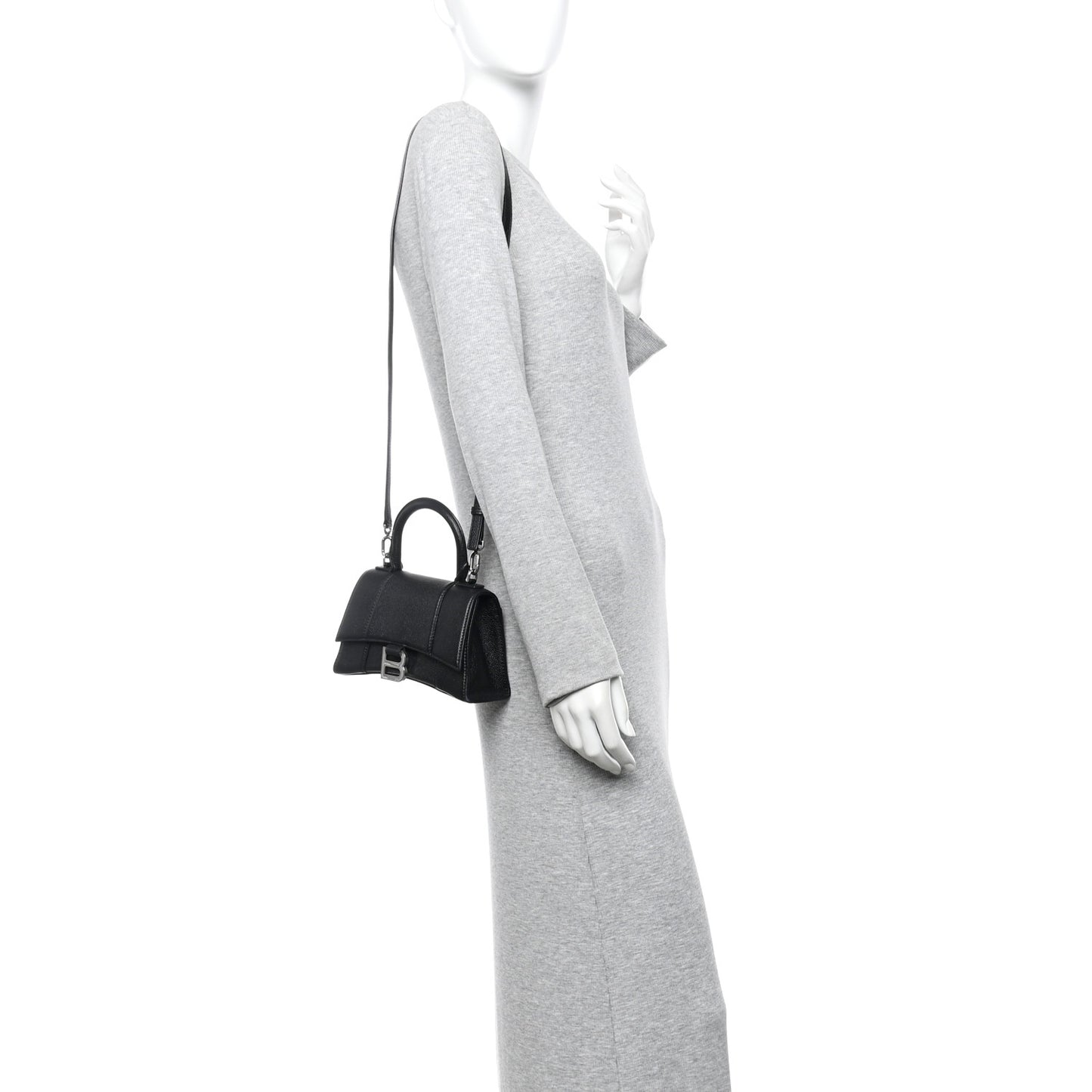 Grained Calfskin Hourglass Top Handle Bag XS Black
